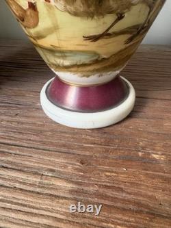 PAIRE DE GRANDS VASES OPALINE PEINTE XIX eme DECOR DE COQ POULES NAPOLEON III