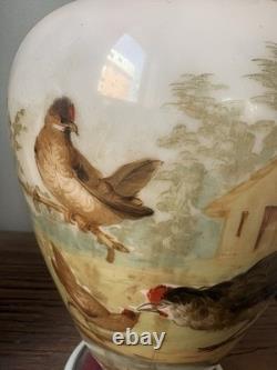 PAIRE DE GRANDS VASES OPALINE PEINTE XIX eme DECOR DE COQ POULES NAPOLEON III
