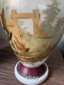 PAIRE DE GRANDS VASES OPALINE PEINTE XIX eme DECOR DE COQ POULES NAPOLEON III