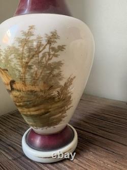 PAIRE DE GRANDS VASES OPALINE PEINTE XIX eme DECOR DE COQ POULES NAPOLEON III