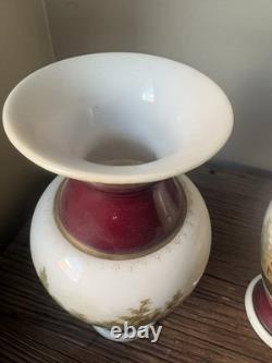 PAIRE DE GRANDS VASES OPALINE PEINTE XIX eme DECOR DE COQ POULES NAPOLEON III