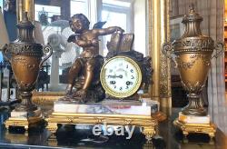 PENDULE et CASSOLETTES Fonctionne PARFAITEMENT ANGE Régule Marbre XIXe