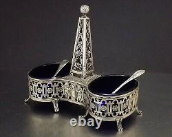 Paillard Freres Saleron Double Prise Obelisque Argent Massif Cristal Bleu Xix°