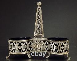 Paillard Freres Saleron Double Prise Obelisque Argent Massif Cristal Bleu Xix°