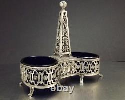 Paillard Freres Saleron Double Prise Obelisque Argent Massif Cristal Bleu Xix°