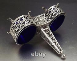 Paillard Freres Saleron Double Prise Obelisque Argent Massif Cristal Bleu Xix°