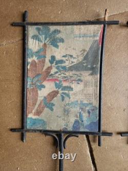 Paire D Ecran A Main Japonais XIX E Napoléon III Sur Tissus Estampe Japon