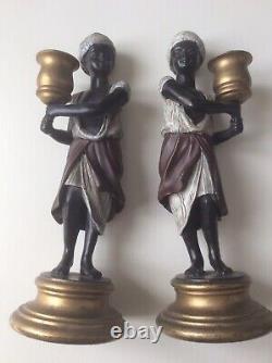 Paire De Bougeoirs Bronze Polychrome Nubiens Torcheres XIXe French Antique
