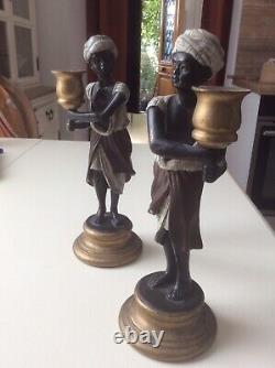 Paire De Bougeoirs Bronze Polychrome Nubiens Torcheres XIXe French Antique