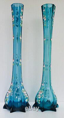 Paire De Vases Soliflores Bleus Xix° À Décor Floral