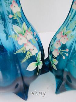 Paire De Vases Soliflores Bleus Xix° À Décor Floral