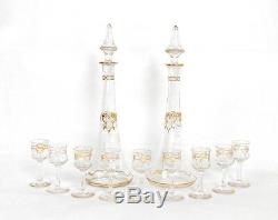 Paire carafes 9 verres à pied cristal verre gravé dorure Napoléon III XIXè