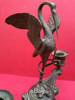 Paire chandeliers bougeoirs bronze XIXe époque Napoléon III Heron tortue serpent