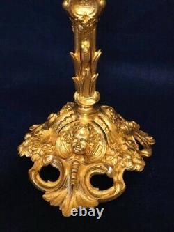 Paire de Bougeoirs XIXe en bronze ciselé et doré aux visages de Bacchus