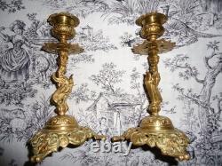 Paire de Chandeliers Bougeoirs XIXè Dragon ailé Griffon Hippogriffe Napoléon III