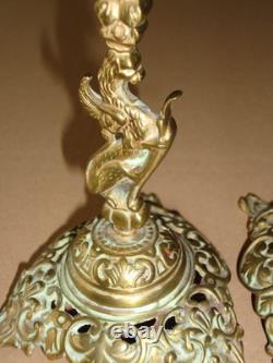 Paire de Chandeliers Bougeoirs XIXè Dragon ailé Griffon Hippogriffe Napoléon III