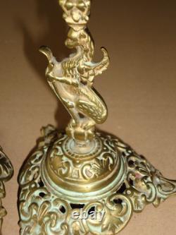 Paire de Chandeliers Bougeoirs XIXè Dragon ailé Griffon Hippogriffe Napoléon III