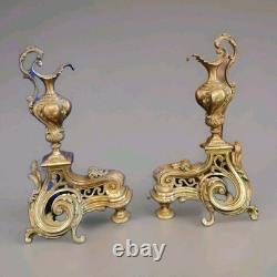 Paire de Chenets en bronze doré aiguières style Louis XV cheminée XIX Napoléon