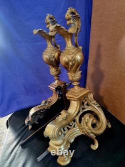 Paire de Chenets en bronze doré aiguières style Louis XV cheminée XIX Napoléon