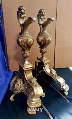 Paire de Chenets en bronze doré aiguières style Louis XV cheminée XIX Napoléon