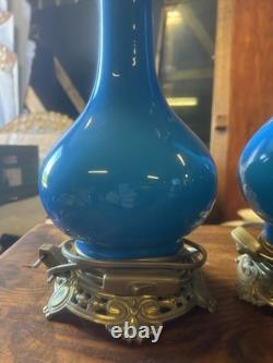 Paire de Lampe à Pétrole Oil Lamp Ancien XIX Napoléon III Huile Empire Opaline