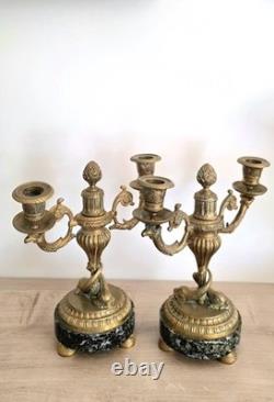 Paire de candélabres bronze XIXe Napoléon III -Marbre vert -Style Louis XVI 26cm