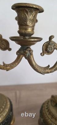 Paire de candélabres bronze XIXe Napoléon III -Marbre vert -Style Louis XVI 26cm