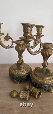 Paire de candélabres bronze XIXe Napoléon III -Marbre vert -Style Louis XVI 26cm