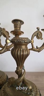 Paire de candélabres bronze XIXe Napoléon III -Marbre vert -Style Louis XVI 26cm