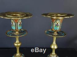 Paire de chandeliers laiton + émaux cloisonné de Limoges XIX° siècle