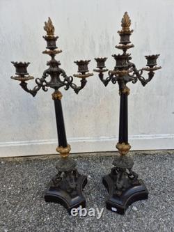 Paire de flambeaux bronze doré & marbre noir XIXe Napoléon III 66 cm