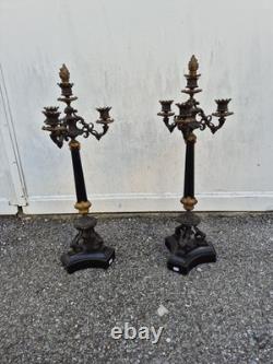 Paire de flambeaux bronze doré & marbre noir XIXe Napoléon III 66 cm