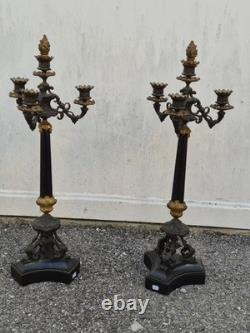 Paire de flambeaux bronze doré & marbre noir XIXe Napoléon III 66 cm