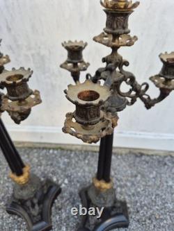 Paire de flambeaux bronze doré & marbre noir XIXe Napoléon III 66 cm