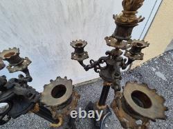 Paire de flambeaux bronze doré & marbre noir XIXe Napoléon III 66 cm