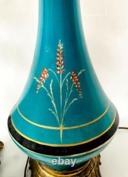 Paire de lampes à pétrole Napoléon III en porcelaine à décor floral. XIX siècle