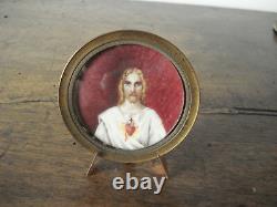 Peinture miniature ancienne Christ portrait Jésus cadr laiton XIX Napoléon III
