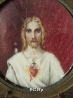 Peinture miniature ancienne Christ portrait Jésus cadr laiton XIX Napoléon III