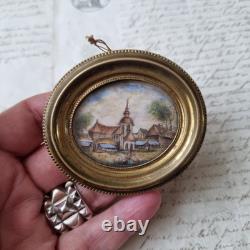 Petite Miniature Peinte XIXè Eglise Village Napoléon III Hand Painted 19thC