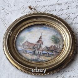 Petite Miniature Peinte XIXè Eglise Village Napoléon III Hand Painted 19thC