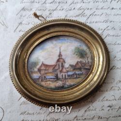Petite Miniature Peinte XIXè Eglise Village Napoléon III Hand Painted 19thC