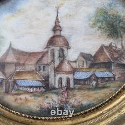 Petite Miniature Peinte XIXè Eglise Village Napoléon III Hand Painted 19thC