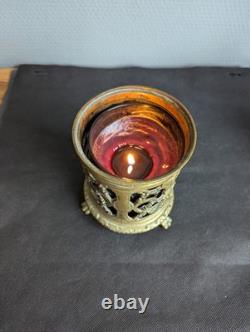 Photophore bronze ajouré Napoléon III verre rubis veilleuse XIXe