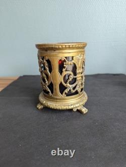 Photophore bronze ajouré Napoléon III verre rubis veilleuse XIXe