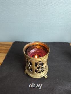 Photophore bronze ajouré Napoléon III verre rubis veilleuse XIXe