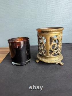 Photophore bronze ajouré Napoléon III verre rubis veilleuse XIXe