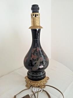Pied de lampe Napoléon III au paon, verre noir et bronze XIXe