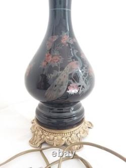 Pied de lampe Napoléon III au paon, verre noir et bronze XIXe
