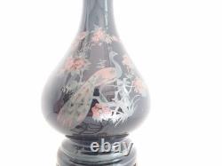 Pied de lampe Napoléon III au paon, verre noir et bronze XIXe