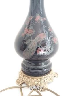 Pied de lampe Napoléon III au paon, verre noir et bronze XIXe